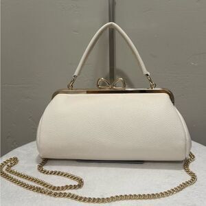 Cream Togo Leather (Calfskin) Handmade “Bow” Kiss-lock Baguette Bag/Crossbody